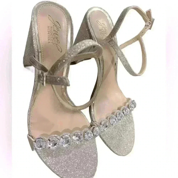 Jewel Badgley Mischka Silve/Gold Big Rhinestone Front Block Heels Women’s Size 6 - Picture 4 of 8